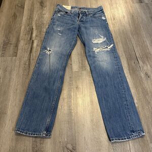 Hollister Slim Straight Jeans Mens 28 X 30 Blue Ripped Distressed Stretch Denim